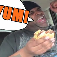 Oh My Goodness Oh My Damn meme depicting a black man eating a five guys burger in his car with his fist raised in excitement.