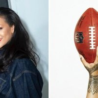 Rihanna next to the Super Bowl show announcement image. 