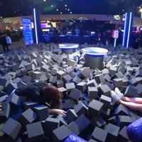 An image of the foam pit and Adriana Chechik struggling to get out of it after her injury. 
