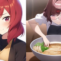 Two AI drawings of anime girls eating ramen.