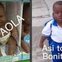 Image of a baby doll with dark sin being labeled as Tia Paola beside an image of the original meme.