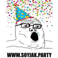 Soyjak.party soyjak party website depicting a soyjak character wearing a party hat surrounded by confetti