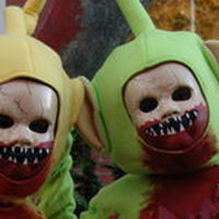 Teletubbies Bulgarian Asylum Conspiracy Theory depicting the characters with black eyes and large teeth with blood.