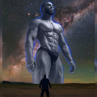 Big Gigachad vs Manlet meme format depicting a towering muscular man tinted blue against a starry night sky and a small man in the foreground below him.