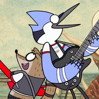 AI Song Covers example image depicting regular show characters mordecai and rigby playing guitars on top of the In the Aeroplane Over the Sea album cover by Neutral Milk Hotel.