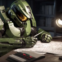Master Chief Teaches You / The Synthetic Soundsmith AI art of Master Chief from halo doing taxes.