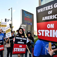 A photo of protestors from the Writers Guild of America Strike.