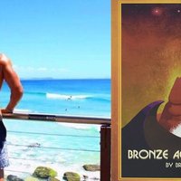 A muscular man looking at the ocean (BAP's Twitter profile picture) and the cover of BAP's book Bronze Age Mindset