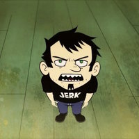 Dan from Dan Vs. wearing "jerk" shirt and looking up at the viewer