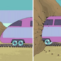Two panel image of a train being forced into a small tunnel