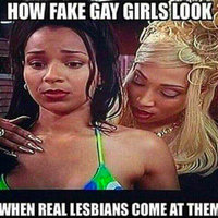How Fake X Look When Real Y Come At Them Two women with text reading, "How Fake Gay Girls Look When Real Lesbians Come At Them"