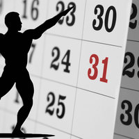 Body Building Forum Days In A Week Dispute depicting a flexing man over a calendar.