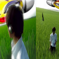 Girl Emoji With Headphones meme example depicting the emoticon hovering in the sky above a boy walking through a grassy field.