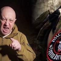 A photo of Yevgeny Prigozhin and a Wagner Group patch.