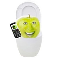 Burping Apple on Toilet meme depicting a green apple with a face on it sitting on a toilet while holding a phone.