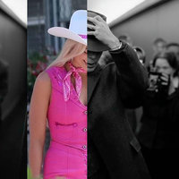 Barbie-Oppenheimer Splitscreen Barbie-Oppenheimer Splitscreen meme depicting margot robbie and cillian murphy.