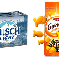 Boy Dinner meme example depicting busch light and goldfish.
