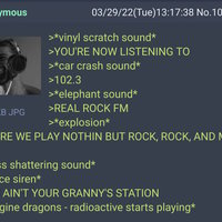 You're Now Listening To You're now listening to 102.3 real rock fm meme and greentext depicting an image of gigachad wearing headphones.