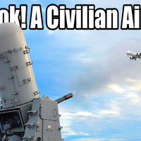 Oh Look A Civilian Airliner meme depicting an anti-air turret shooting at a passenger plane.
