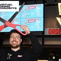 An image of mrbeast at a mr beast burger opening and the virtual dining concepts logo.
