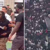 Kai Cenat being arrested after the giveaway riot and an image of an SUV attempting to flee the scene being swarmed by people.