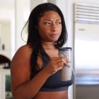 Megan Thee Stallion Drinking Smoothie and Frowning meme format.