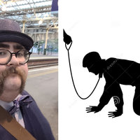 An image of Cybersmith / Human Pet Guy ad a man on a leash.