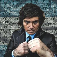 Artwork of Javier Milei standing in front of argentina's flag.