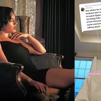 Oppenheimer Sex Scene Lady / ThatsNotLove viral video depicting Florence Pugh in a chair in Oppenheimer left and the tiktoker right.