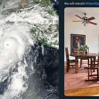 A satellite image of Hurricane Hilary and a we will rebuild meme.