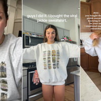 Three screenshots showing examples of TikTokers wearing the trendy "pickle sweatshirt" that's recently gone viral online.