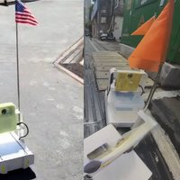 Two images depicting frodobots driving around various cities.