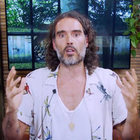 Russell Brand Sexual Assault Allegations depicting the actor on his podcast.