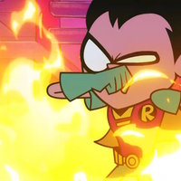 robin from teen titans escaping from the fire