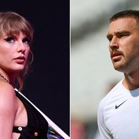 Photos of travis kelce and taylor swift in reference to the pair being in a rumored relationship.