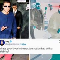 Favorite Interaction You’ve Had with A Celebrity meme and twitter / x trend depicting the original tweet and two images of adam sandler.