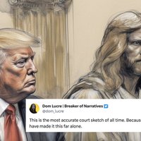 Trump and Jesus courtroom sketch meme and artwork alongside a tweet commenting on it.