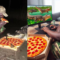 Gumbo Slice meme depicting two images of a large man eating pizza with alligators.