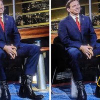 Ron DeSantis High Heels Conspiracy Theory An image of ron desantis on a talk show with an outline depicting the high heels conspiracy theory of him wearing inserts in his boots.