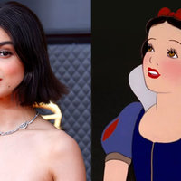 A photo of actress Rachel Zegler next to an image of Snow White from Disney's original animated movie.