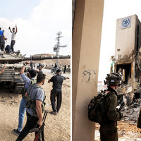 A photo of Hamas militants celebrating near the border after destroying a tank and two IDF soldiers in Israel looking at a destroyed building.