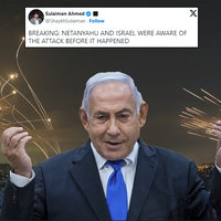 A tweet in reference to the Israel False Flag Attack Conspiracy Theory and an image of Benjamin Netanyahu overlaid on a backdrop of the iron dome intercepting rockets.