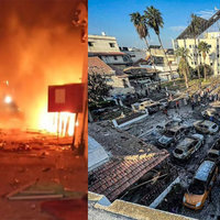 Images from the October 17th, 2023, Gaza Hospital Explosion depicting fires near the building and the aftermath of the parking lot that was struck.