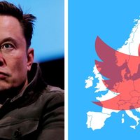 An image of elon musk and the twitter logo superimposed over Europe.