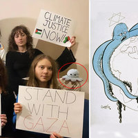 An image of Greta Thunberg and three other people holding "Free Palestine" and "Stand with Gaza" signs with an octopus plushie circled behind her next to an antisemitic image of an octopus reaching around the globe.
