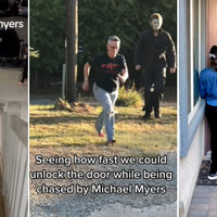 three images of people running from someone playing Michael Myers