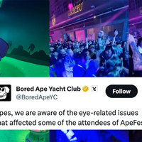 Bored Ape UV Light Eye Damage Controversy depicting images of the event and a tweet responding to the reports of eye issues.