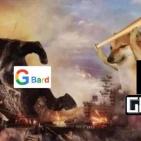 A meme illustrating Grok as a doge with a club going after competitors ChatGPT and Bard.