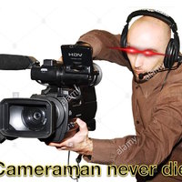 Cameraman Always Survives meme example depicting a stock image of a man holding a camera with laser eyes captioned "Cameraman never dies."