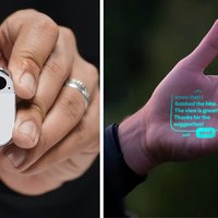 Humane AI Pin depicting the product and its display being shown on someone's hand.